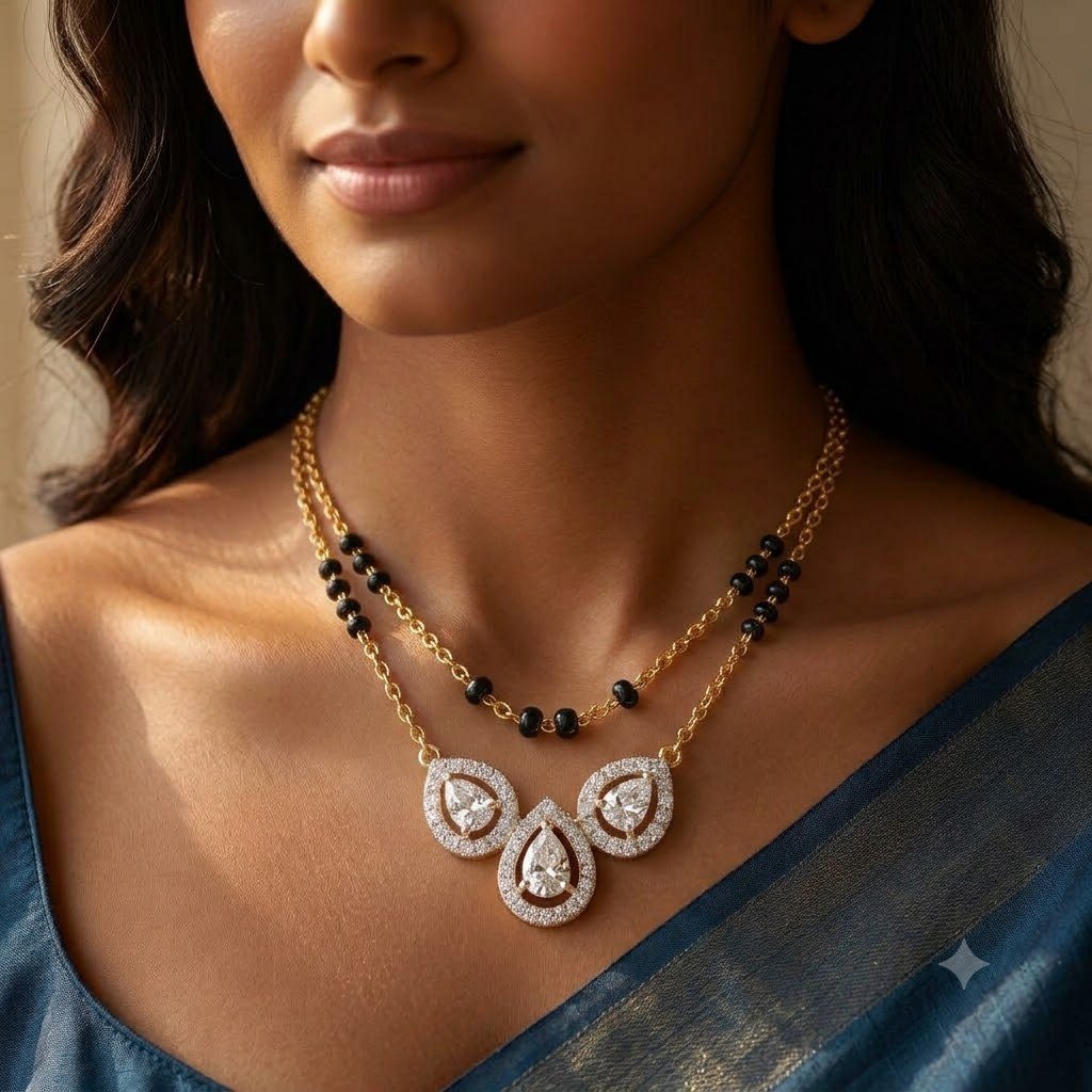 Solitaire Natural Diamond Black Bead Mangalsutra in Gold | Hussain Gems - Image 3