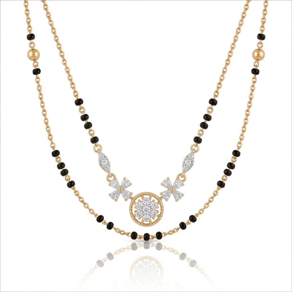Solitaire Natural Diamond Black Bead Mangalsutra in Gold | Hussain Gems
