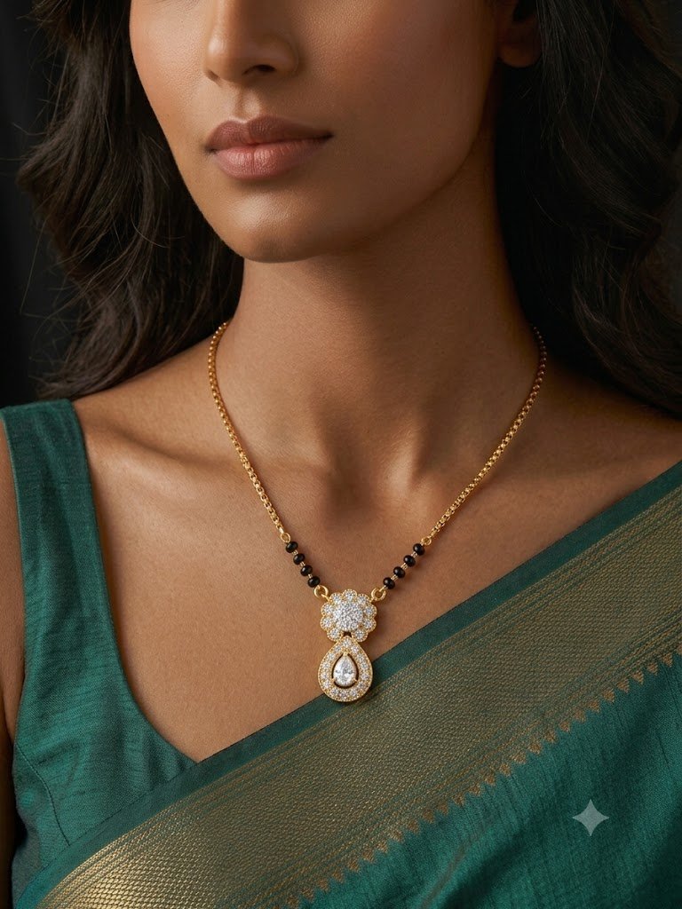 Solitaire Natural Diamond Black Bead Mangalsutra in Gold | Hussain Gems - Image 3