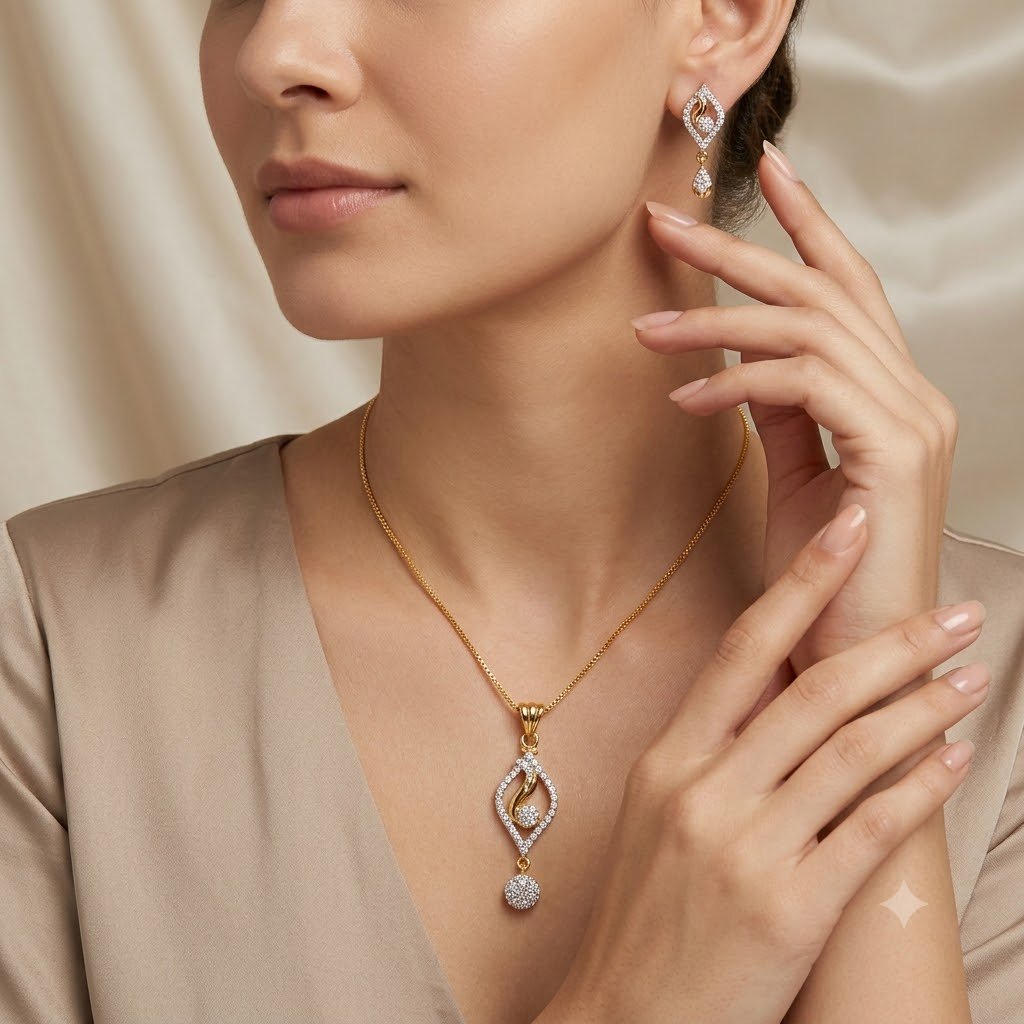 Elegant Golden Teardrop Jewelry Set with Matching Earrings - Image 2