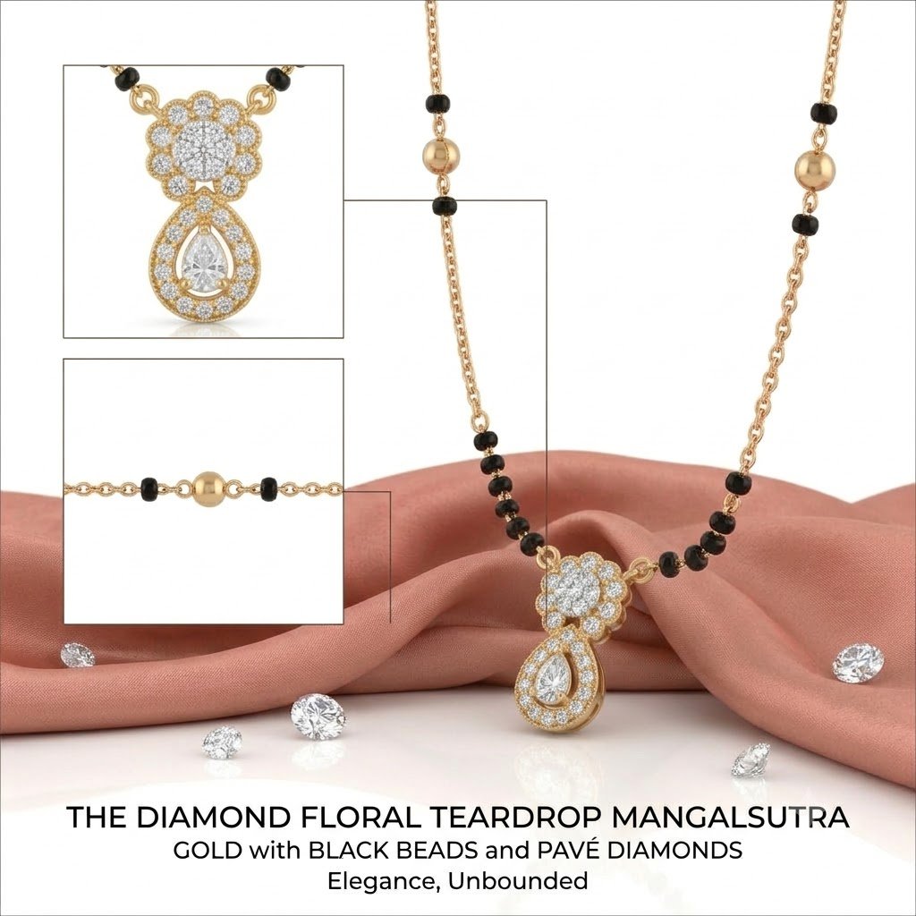 Solitaire Natural Diamond Black Bead Mangalsutra in Gold | Hussain Gems - Image 2