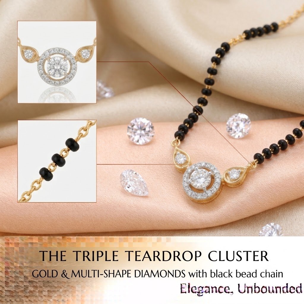 Solitaire Natural Diamond Black Bead Mangalsutra in Gold | Hussain Gems - Image 2