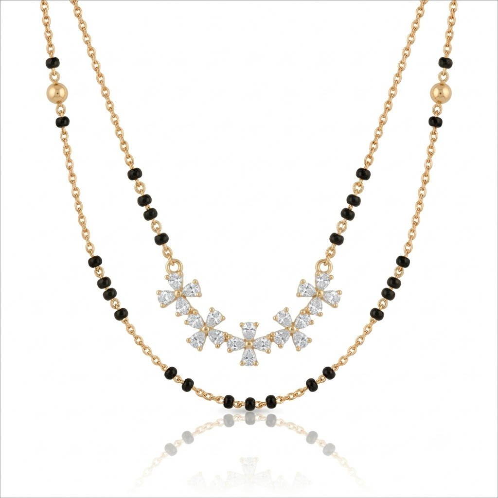Solitaire Natural Diamond Black Bead Mangalsutra in Gold | Hussain Gems
