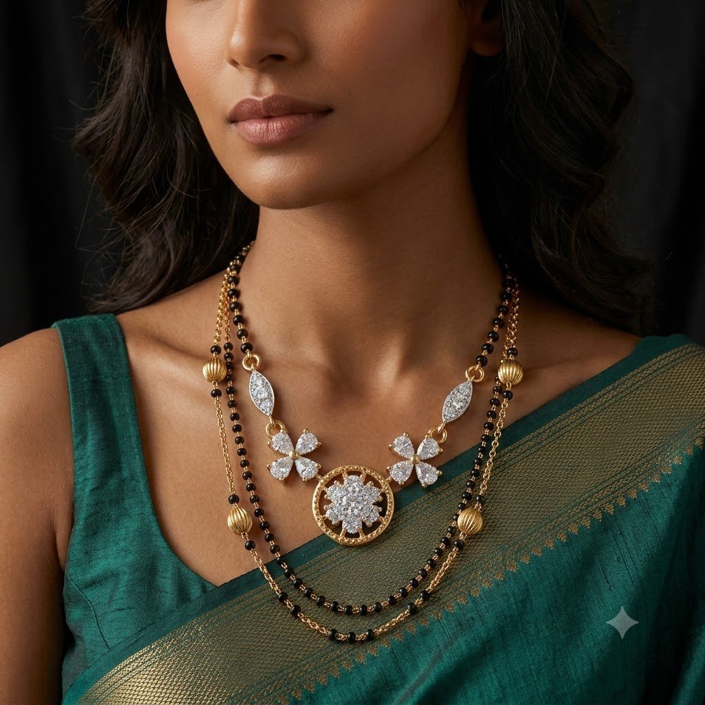 Solitaire Natural Diamond Black Bead Mangalsutra in Gold | Hussain Gems - Image 3