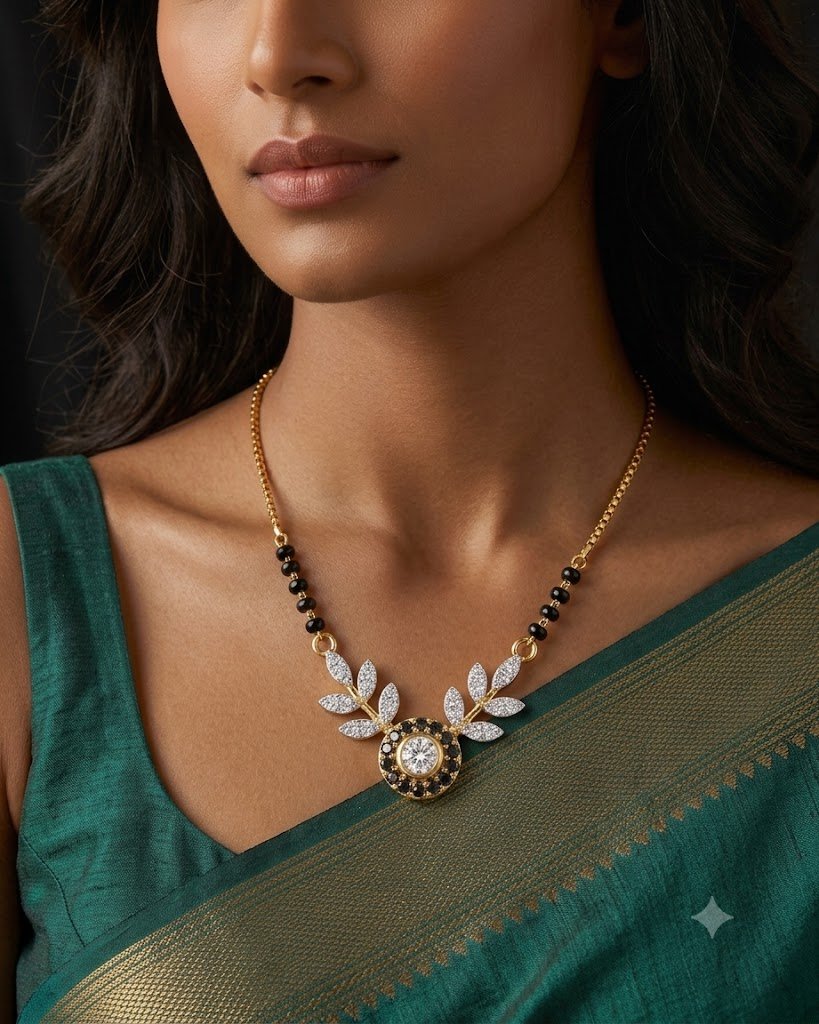 Solitaire Natural Diamond Black Bead Mangalsutra in Gold | Hussain Gems - Image 3
