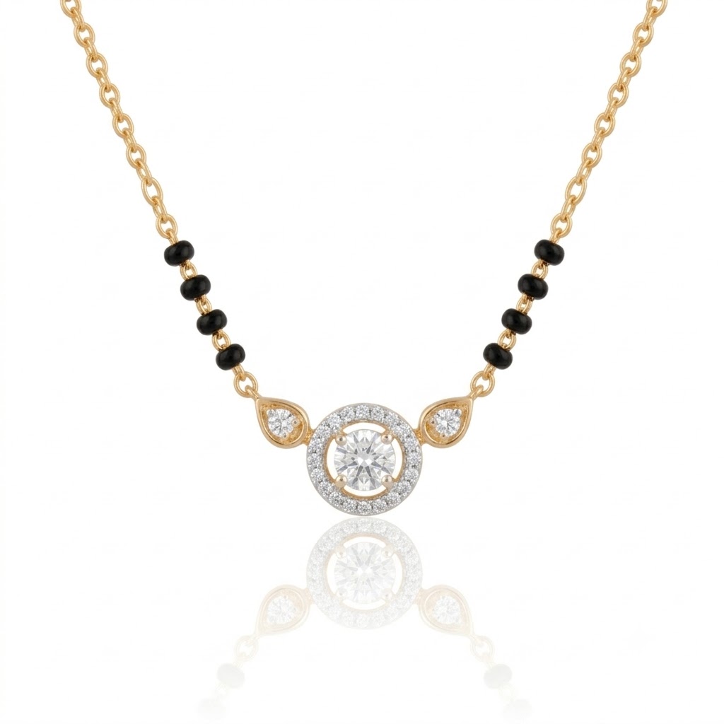 Solitaire Natural Diamond Black Bead Mangalsutra in Gold | Hussain Gems