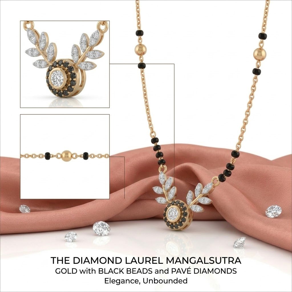 Solitaire Natural Diamond Black Bead Mangalsutra in Gold | Hussain Gems - Image 2