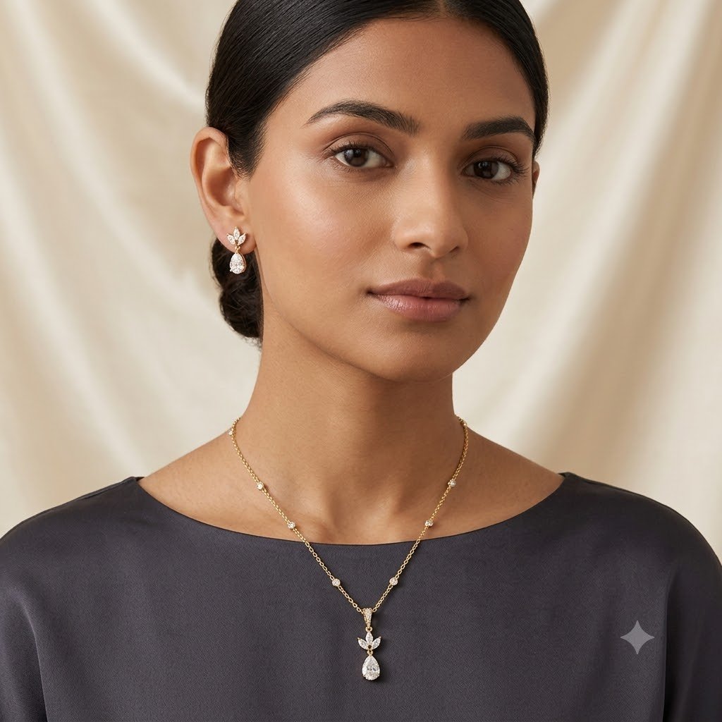 Elegant Golden Teardrop Jewelry Set with Matching Earrings - Image 2