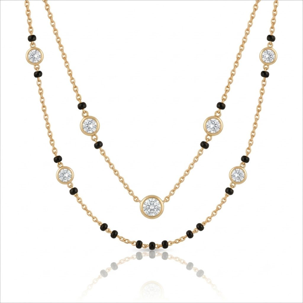 Solitaire Natural Diamond Black Bead Mangalsutra in Gold | Hussain Gems