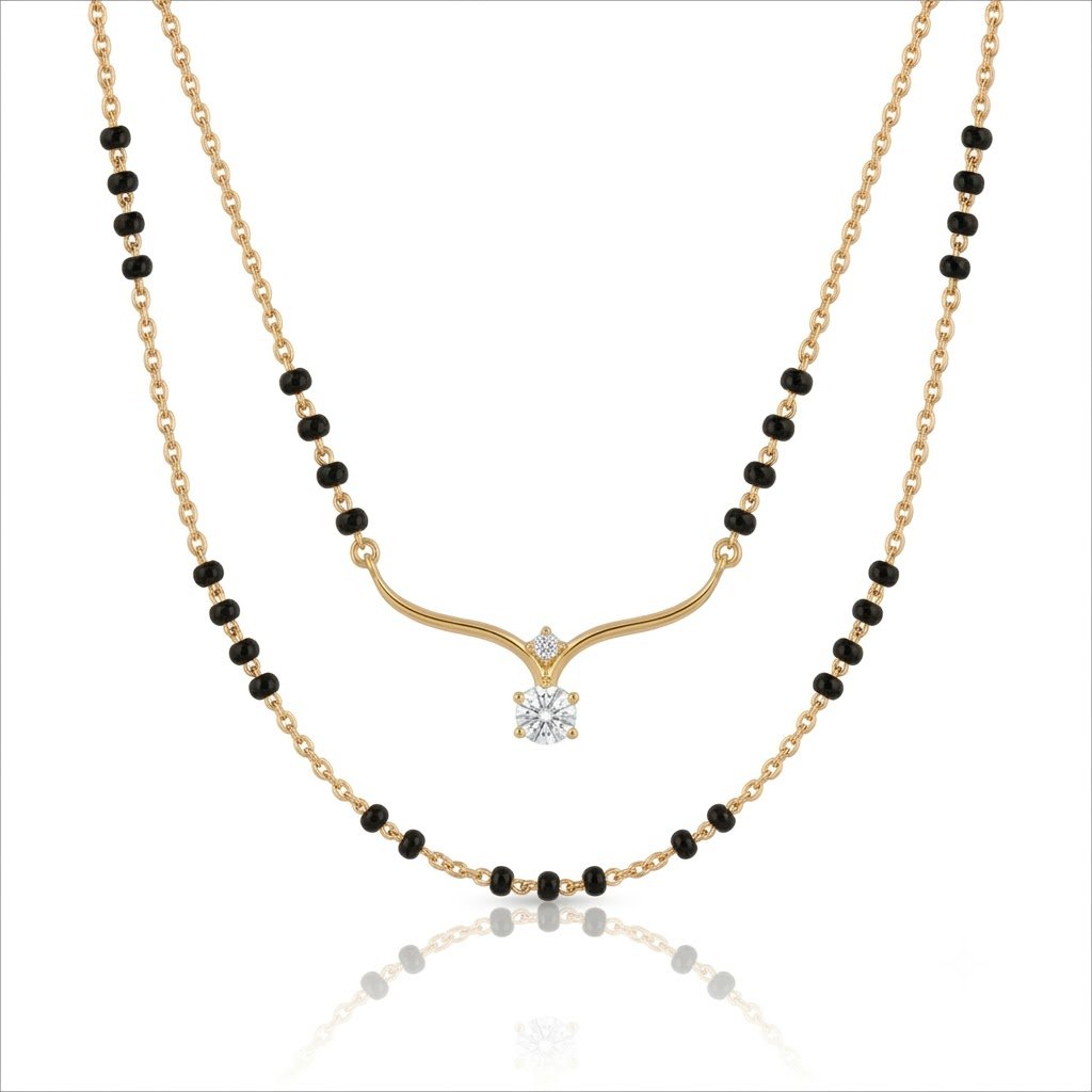 Solitaire Natural Diamond Black Bead Mangalsutra in Gold | Hussain Gems