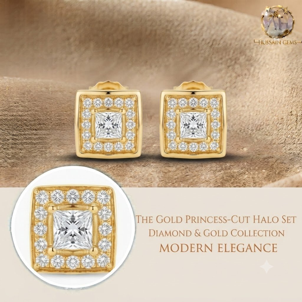 Vibrant Emerald Cut Green Emerald Gold Stud Earrings | Hussain Gems - Image 2