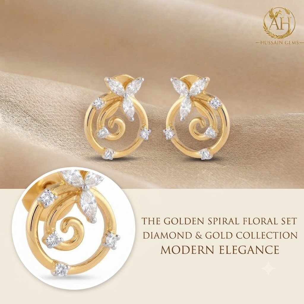 Vibrant Emerald Cut Green Emerald Gold Stud Earrings | Hussain Gems - Image 2